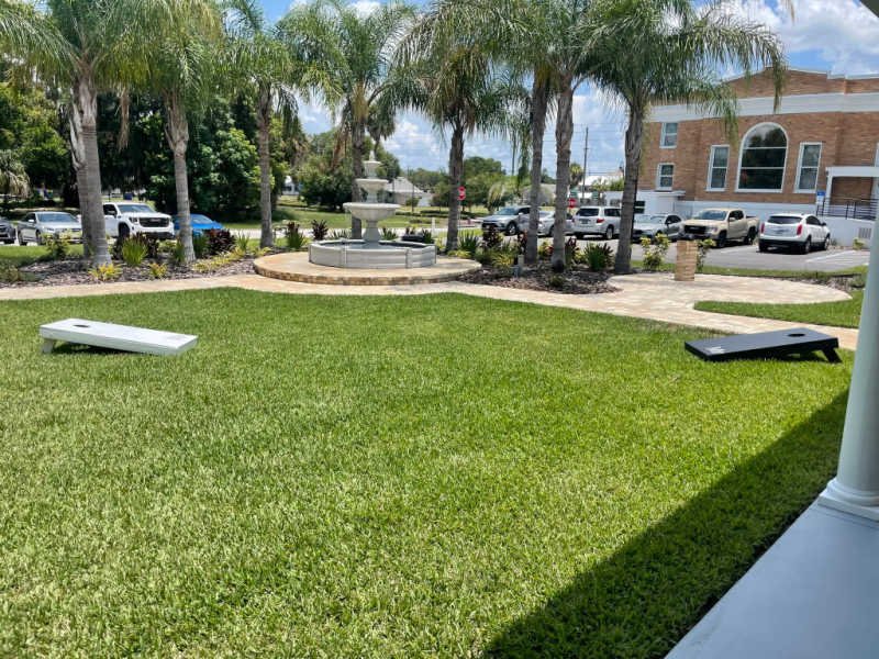 Palms Patio Corn hole game for bride and groom at wedding